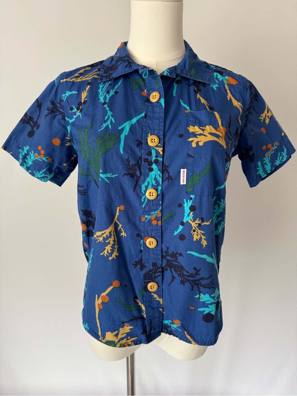 Topo Designs Camp Shirt Blue Kelp Seaweed Print Short Sleeve Button Up XS